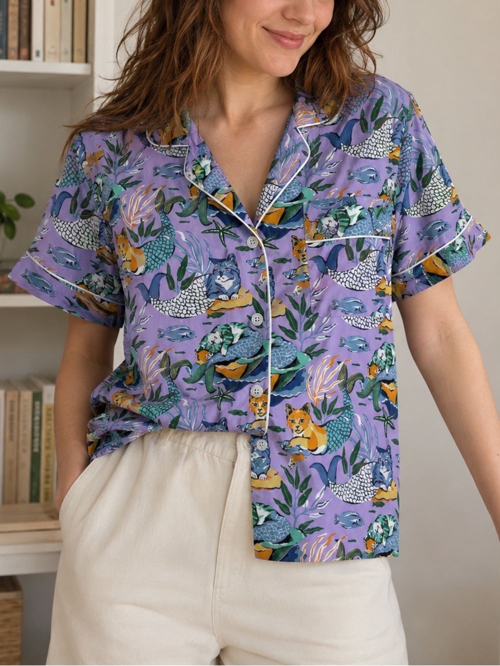 Printfresh Meowing Mermaids Pajama Top Size XS 100% Organic Cotton Cat Print